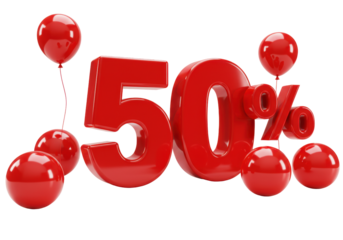 Glossy red 50 percent sign isolated PNG on transparent background, promotional sale design element for marketing campaigns