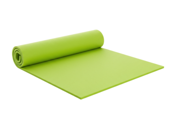 Green yoga mat isolated PNG on transparent background, rolled exercise equipment for fitness and workout, studio or home gym