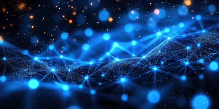 Abstract glowing network of interconnected blue points and lines with bright bokeh lights on dark background evoking a sense of connection and digital flow