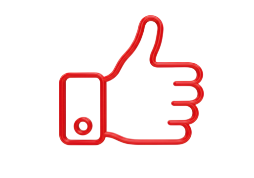 Red thumbs up PNG isolated on transparent background, like button outline for social media and approval