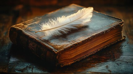 Old worn leather book with a white feather resting on top, illuminated by soft warm light evoking a sense of nostalgia and quiet reflection