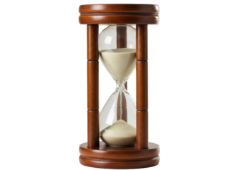 Wooden hourglass with sand isolated PNG, time running out concept for deadlines and project management visuals