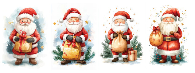 Christmas watercolor Santa Claus character with gift bag and pine tree decor cute holiday festive illustration for winter celebration greetings cards and posters
