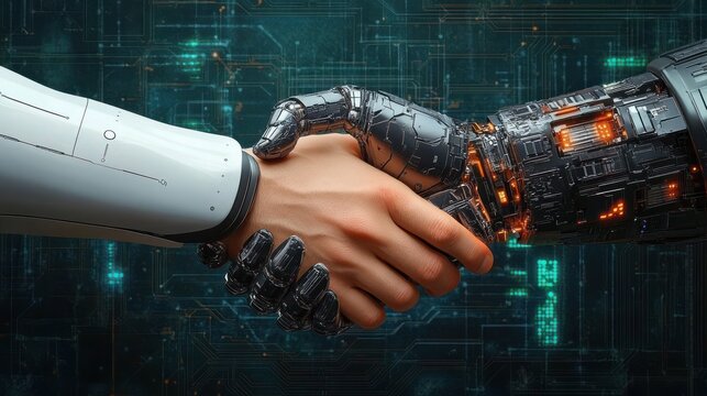 Human hand shaking with robotic hand symbolizing cooperation between humans and advanced technology with futuristic digital background - Powered by Adobe
