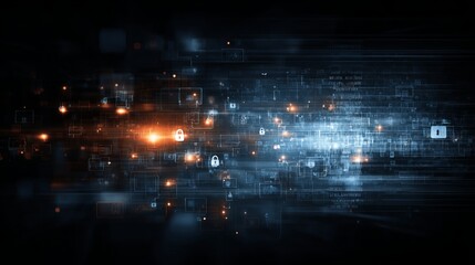 Dynamic digital network security concept with glowing data streams and locked icons