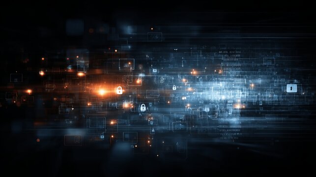 Dynamic digital network security concept with glowing data streams and locked icons