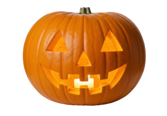 Jack-o -lantern PNG isolated on transparent background, carved pumpkin with glowing face for Halloween decoration
