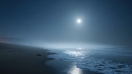 beach at night under moonlight, gentle waves, soft mist, calm and peaceful sleep mood, minimalistic, serene atmosphere