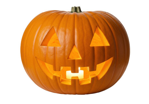 Jack-o -lantern PNG isolated on transparent background, carved pumpkin with glowing face for Halloween decoration