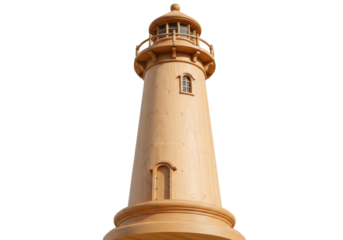 Wooden lighthouse model isolated PNG on transparent background, nautical decor for coastal themes and maritime collections