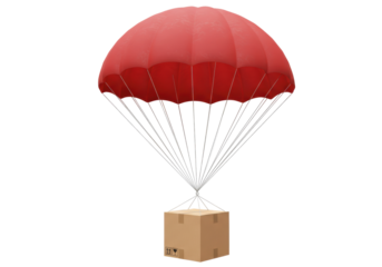 Red parachute with cardboard box isolated PNG, delivery concept for logistics and shipping on transparent background