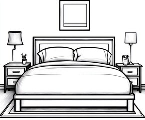 Monochrome drawing of a neat bedroom with a large bed, two bedside tables with lamps, a picture frame above the headboard, and a floor rug