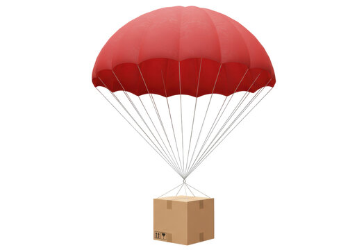 Red parachute with cardboard box isolated PNG, delivery concept for logistics and shipping on transparent background