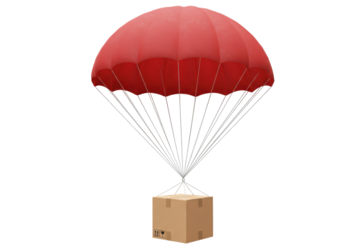 Red parachute with cardboard box isolated PNG, delivery concept for logistics and shipping on transparent background - Powered by Adobe