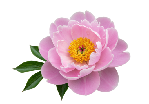 Beautiful pink peony flower isolated PNG on transparent background, delicate blossom with yellow center for spring and summer designs