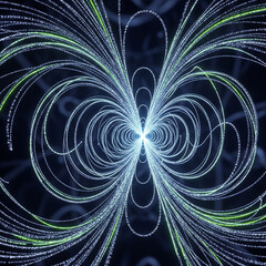 Abstract vortex of glowing metallic particles visualizing a magnetic field
