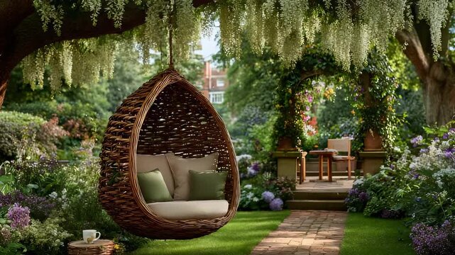 Wicker Egg Chair Hanging from Tree with White Wisteria in Lush Garden Setting, Outdoor Seating Area and Brick Path