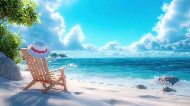 Wooden beach chair with hat on tranquil sandy shore under bright blue sky with fluffy clouds and gentle ocean waves