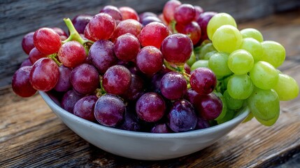 Juicy ripe red and green grapes glistening with water droplets in a white bowl, a healthy and vibrant fruit still life