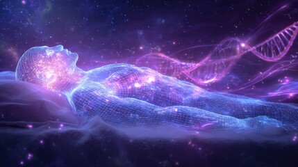 futuristic human sleeping peacefully on a , holographic wireframe body glowing with blue and violet light, illuminated brain radiating soft pink