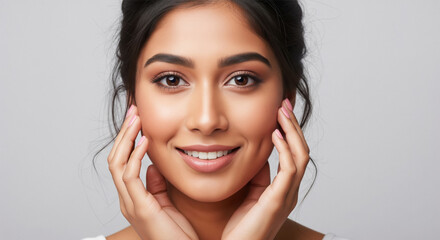 Beautiful Indian Woman Smiling, Hands Gently Touching Her Face