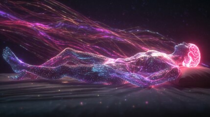 futuristic sleeping human with glowing neural network body, lying on a , illuminated brain radiating pink and purple light, digital energy waves