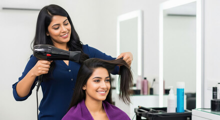 Hairdresser Blow-Drying Client's Hair in Bright Beauty Salon