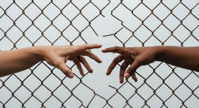 International day for the abolition of slavery concept with reaching hands behind a fence symbolizing freedom and unity - Powered by Adobe