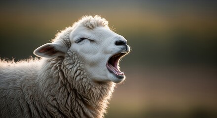 Fototapeta premium A fluffy sheep yawning softly, cute natural moment, isolated background