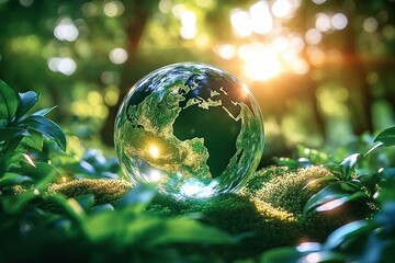 Transparent globe with visible continents resting on green moss surrounded by plants in a sunlit forest creating a serene and hopeful atmosphere