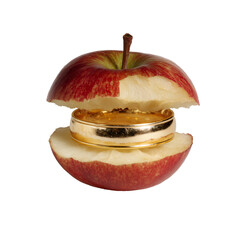 Golden ring hidden inside red apple