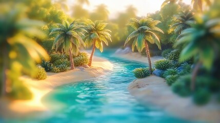 Serene tropical river flowing gently between sandy banks lined with lush palm trees and green vegetation under warm sunlight