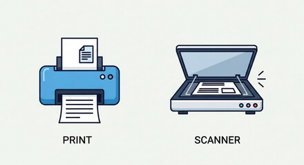 Illustration of a printer and scanner, depicting office equipment for printing documents and scanning images in a modern design