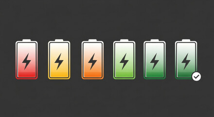 Illustration of battery charge level indicators in various colors, ranging from red to green, against a dark gray background, showing the state of energy