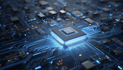 Close up of a glowing central processing unit on a complex electronic circuit board with intricate pathways and illuminated components signifying advanced technology and digital innovation