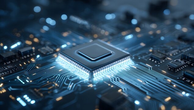 Close up view of a glowing central processing unit on a complex electronic circuit board with intricate pathways and illuminated components representing advanced technology and digital innovation