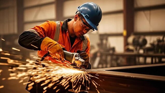 Skilled Industrial Worker Grinding Metal with Sparks Flying in a Factory Setting.