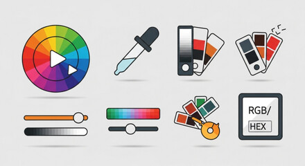 Set of vibrant color selection tools, including color wheels, eyedroppers, sliders, and rgbhex selectors for graphic design and digital art