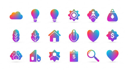 Collection of vibrant gradient icons, featuring cloud, lightbulb, gear, heart, house, and shopping bag symbols for modern design