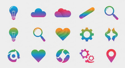 Collection of colorful icons, featuring a light bulb, cloud, magnifying glass, heart, gear, location pin, and recycling symbol