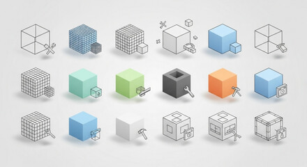 Isometric 3d modeling icons on cubes, illustrating various functions and tools used in design software, , for creating virtual objects