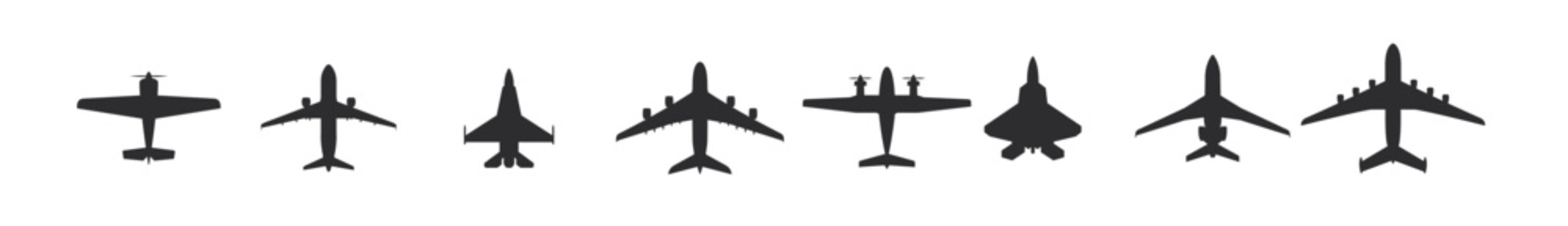 Airplane icon set. Aircrafts icons flat style. Airplanes silhouettes top view. Vector icons