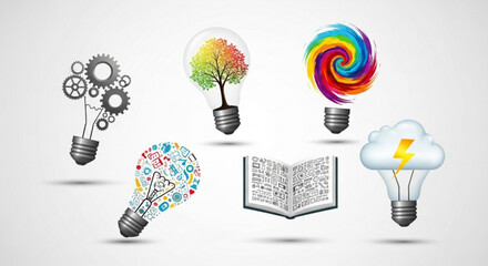 Creative light bulb ideas gears, tree, rainbow swirl, cloud with lightning, open book, and colorful doodles represent innovation