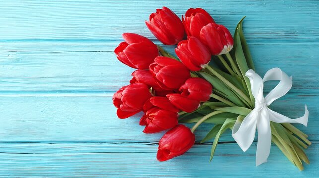 Vibrant bouquet of red tulips tied with a pristine white ribbon rests on a distressed teal wooden surface, evoking spring.