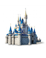 Enchanting fairy tale castle with blue turrets and golden spires, perfect for fantasy scenes, magical kingdoms, and children's stories, a symbol of dreams
