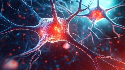 Close-up of glowing neuron cells with branching dendrites in a dark blue and red illuminated environment, representing neural activity and connectivity