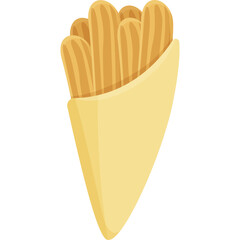 Golden brown churros served in a light yellow paper cone showing a group of fried dough pastry sticks in a warm appetizing display