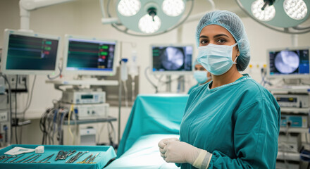 Confident female surgeon in mask ready for operation