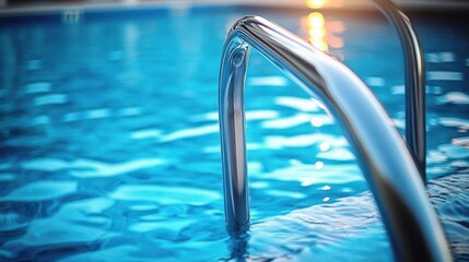 Obraz premium Close-up of a shiny metal pool ladder partially submerged in clear blue water with sunlight reflections creating a calm and inviting atmosphere