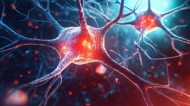 Close-up of glowing neuron cells with branching dendrites in a dark blue and red illuminated environment, representing neural activity and connectivity - Powered by Adobe